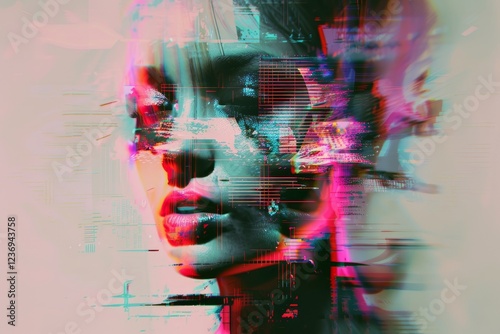 Exploring alexithymia  a digital glitch effect on a human face reflecting emotional distortion photo