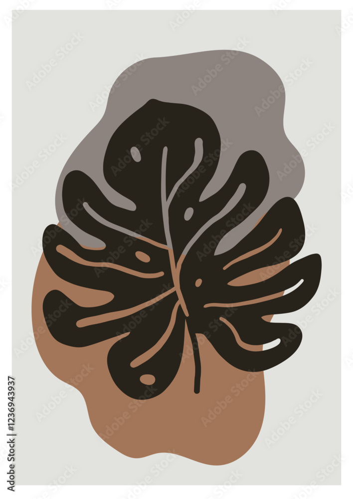 Fototapeta premium Abstract botanical poster with a dark monstera leaf, organic shapes, and earthy tones. Modern wall art