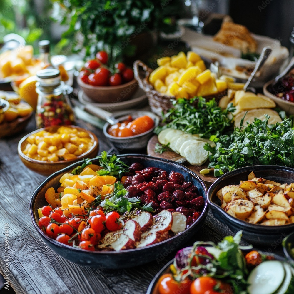 Colorful spread of fresh fruits and vegetables at an outdoor gathering in a garden setting during the summer afternoon. Generative AI Colorful spread of fresh fruits and vegetables at an outdoor gathering in a garden setting during the summer afternoon. Generative AI
