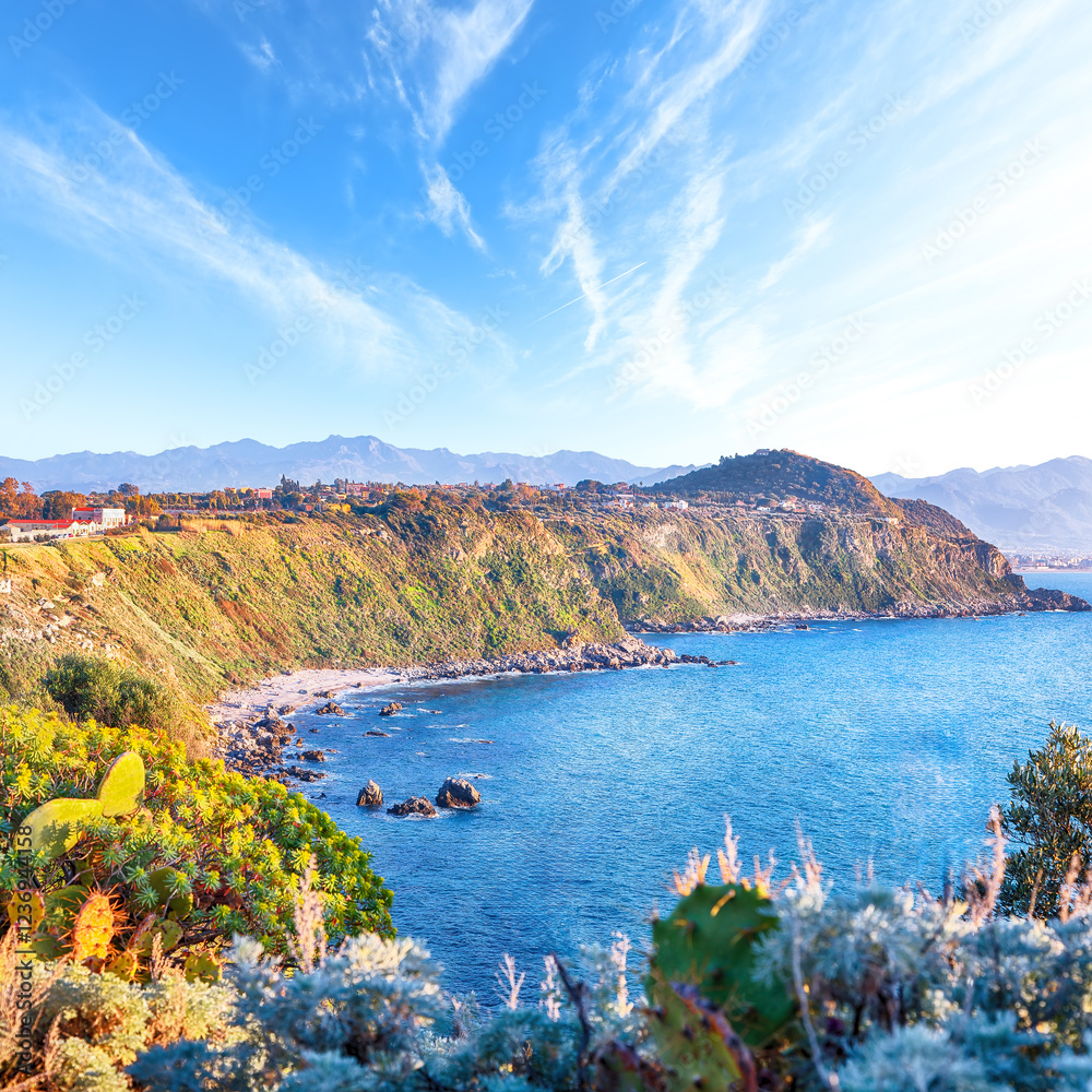 Unbelivable spring view on the the cape Milazzo panorama of nature reserve.