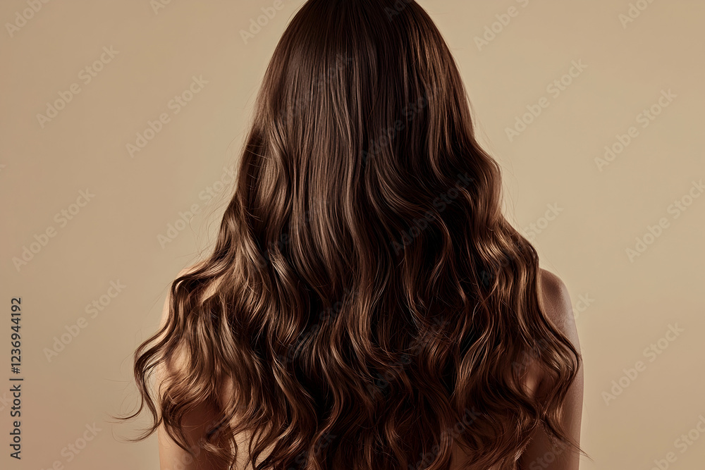 Naklejka premium Woman with long, flowing beach waves, back view, natural texture