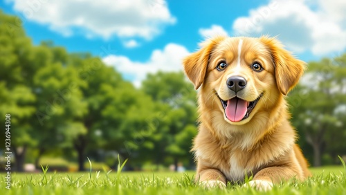 A cute puppy, a happy and adorable young canine, sits in the grass