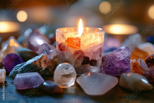 Crystal candle holder glowing among colorful gemstones.