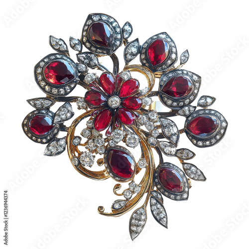 Vintage Ruby and Diamond Brooch Isolated on Transparent or blank Background, PNG