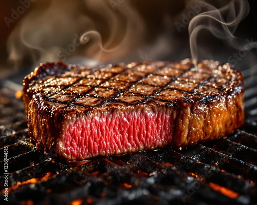 Delicious grilled steak sizzling over hot barbecue flames