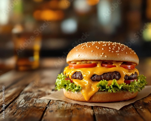 Grilled beef cheeseburger with lettuce and tomato on a wooden table