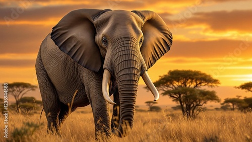 A large African elephant, with prominent tusks, grazes on the savanna at sunset