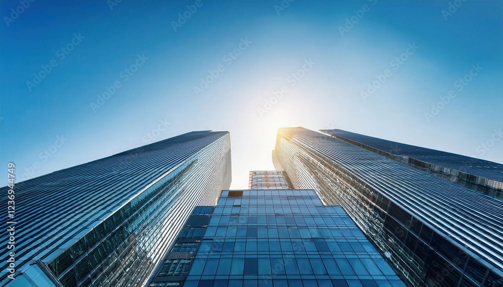 Modern skyscrapers with reflective glass and sleek lines under bright sky