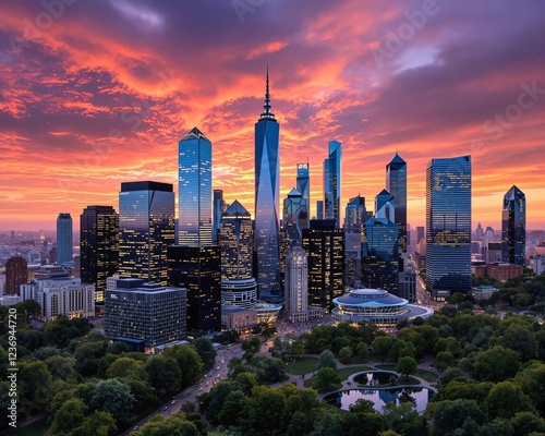 The city skyline glows at sunset, with skyscrapers piercing the vibrant sky