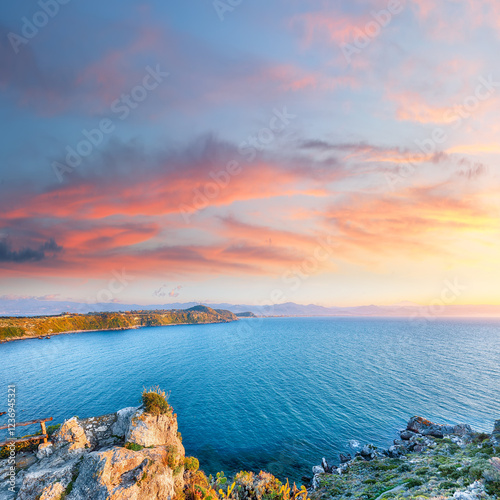 Awesome spring view on the the cape Milazzo panorama of nature reserve.