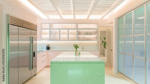 A minimalist kitchen with clear sliding glass doors, pastel pink cabinets, and a mint green island photo