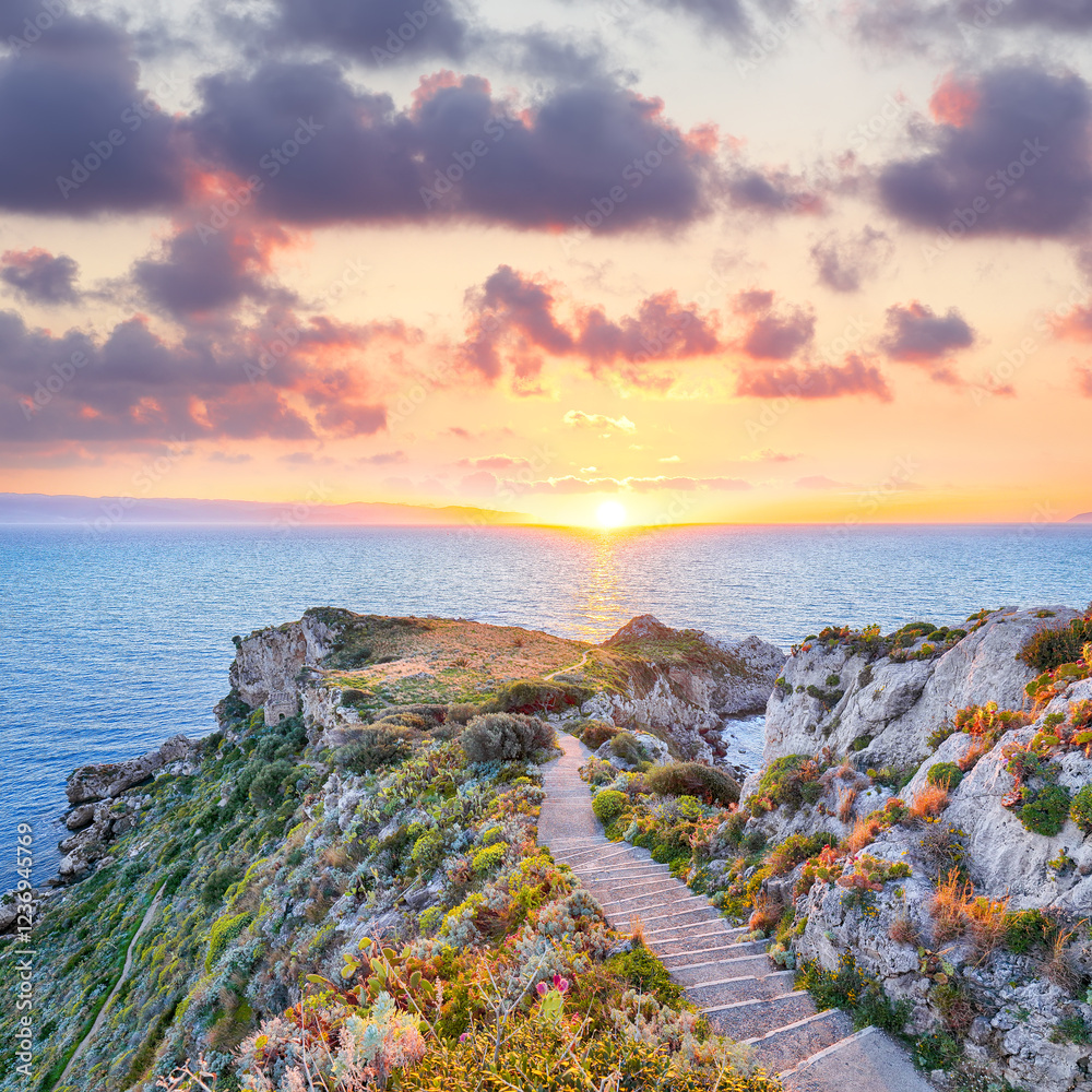Awesome spring view on the the cape Milazzo panorama of nature reserve.