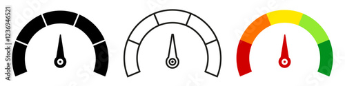 Scale speed valuation icons, customer indicators of satisfaction, power level indicator, progress bar, colour speedometer, tachometer signs, satisfaction barometer, credit rating indicator
