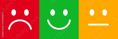 Happy, neutral and sad emoticons faces, customer reviews sign, rating service, good client satisfaction, user experience best customer feedback - vector