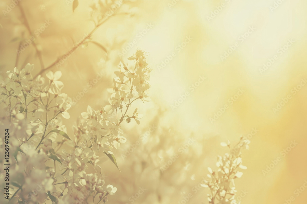 Soft golden meadow with delicate flowers and warm lighting