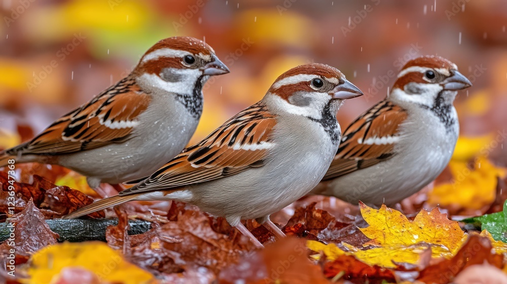 Three Sparrows on Autumn Leaves in Rain Three Sparrows on Autumn Leaves in Rain