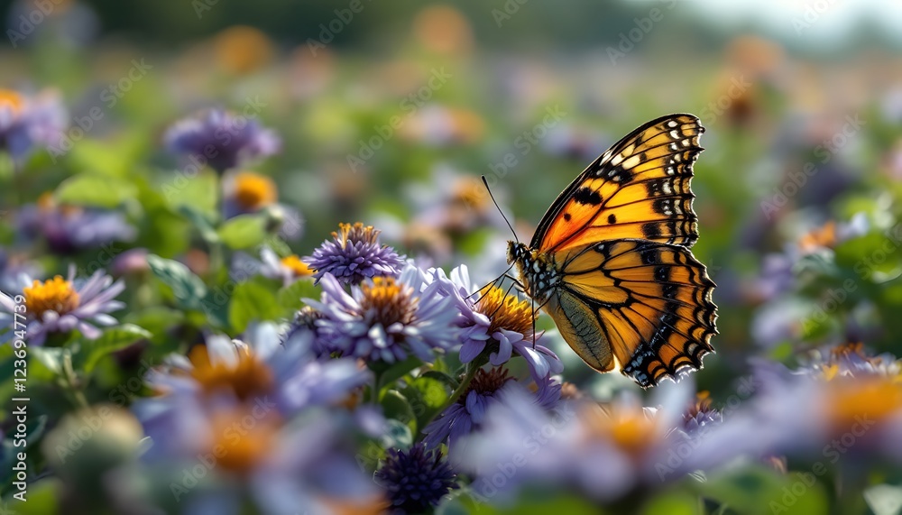 Fototapeta premium Orange Butterfly on Purple Flowers in Meadow