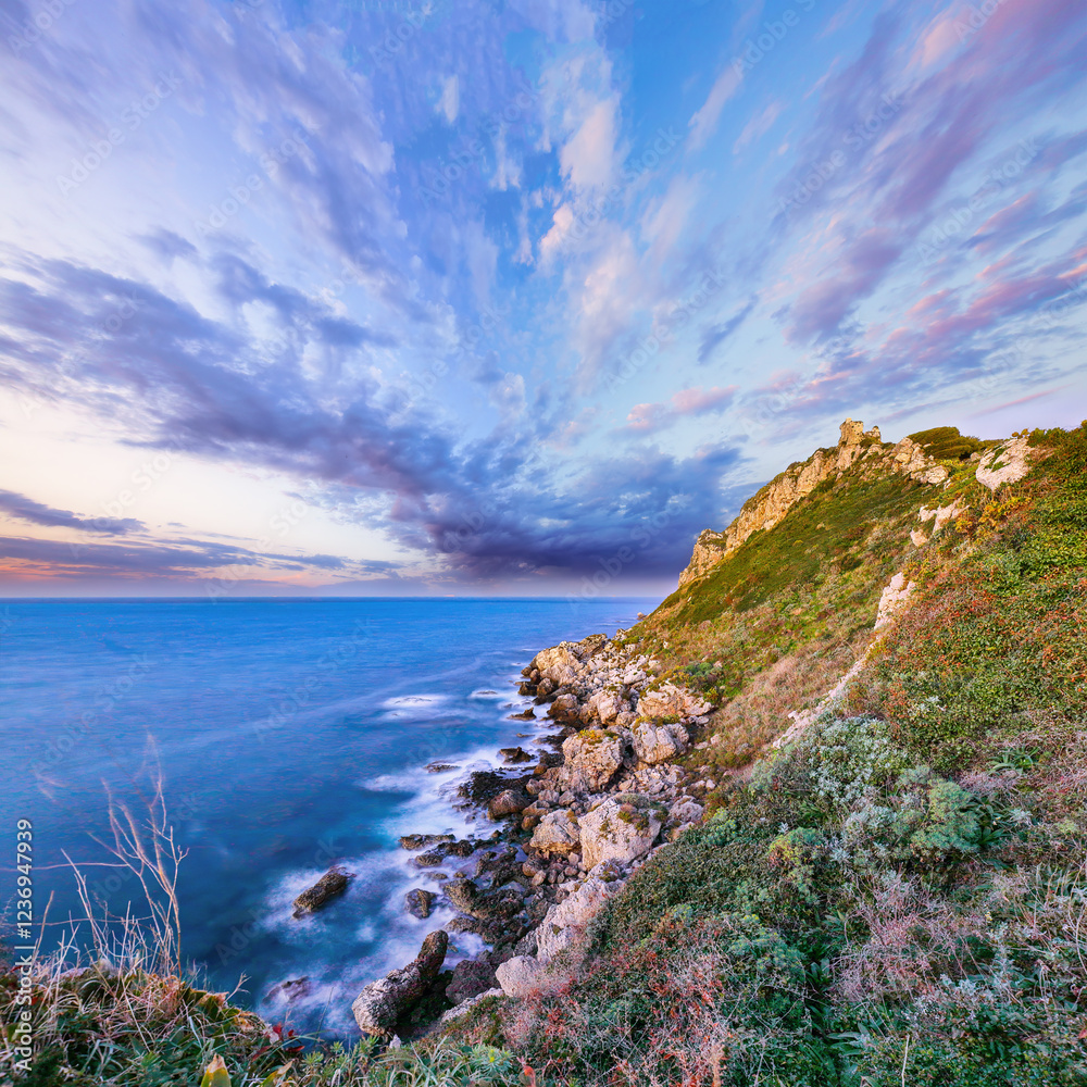 Awesome spring view on the the cape Milazzo panorama of nature reserve.