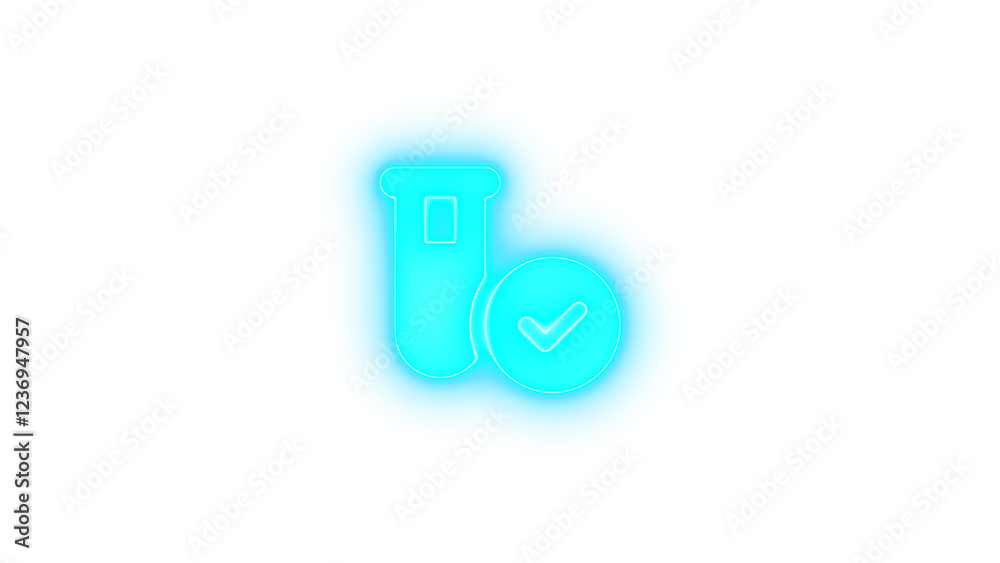 Vial circle check icon cyan color glowing neon on black background