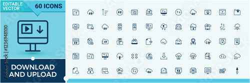 Download And Upload lined icons set. Related to service, up, draw, badge, upload, downloading and more. Minimal icons. Editable vector outline and solid icons.