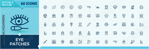 Eye Patches icons set in linear style. Contains such icons as cream, age, golden, sachet, sheet, hydrogel, product and more. Minimalistic icon. Editable vector outline and solid icons.