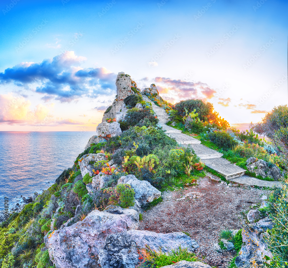 Unbelivable spring view on the the cape Milazzo panorama of nature reserve.