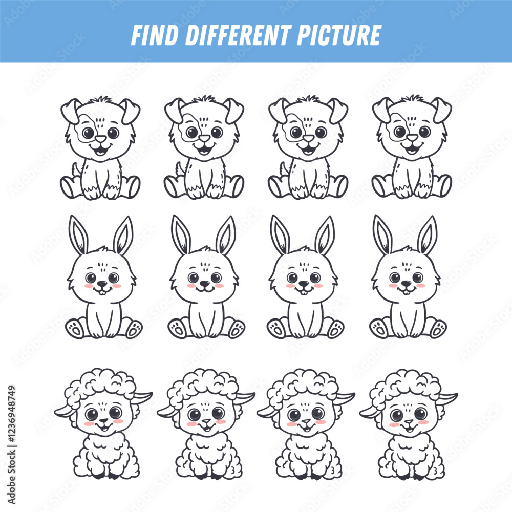 Find different animal in each row. Logical game for kids. Cartoon dog, bunny, lamb. Vector illustration Find different animal in each row. Logical game for kids. Cartoon dog, bunny, lamb. Vector illustration
