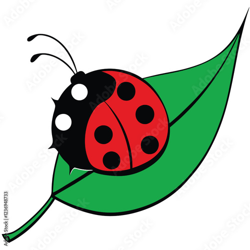 A clean and modern vector illustration of a ladybug resting on a curved green leaf.  