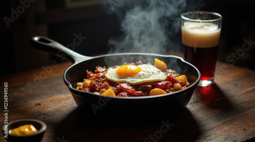 Sizzling tiroler grstl in a cast iron pan with an egg and dark beer photo