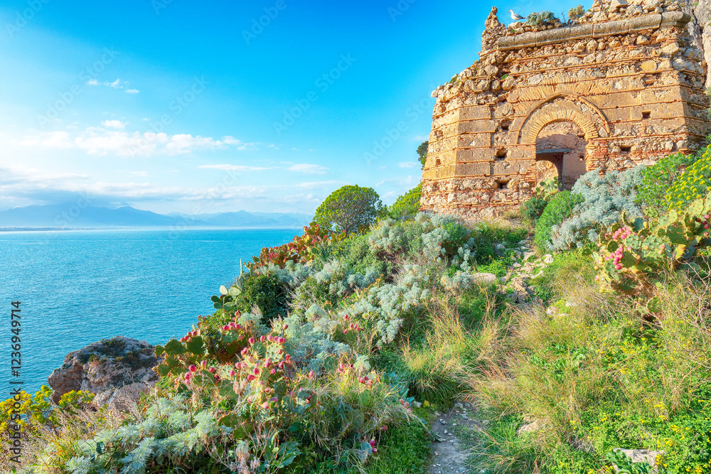 Stunning spring view on the the cape Milazzo panorama of nature reserve Piscina di Venere.