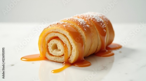 Delicious guava duff dessert drizzled with sweet sauce on a clean surface