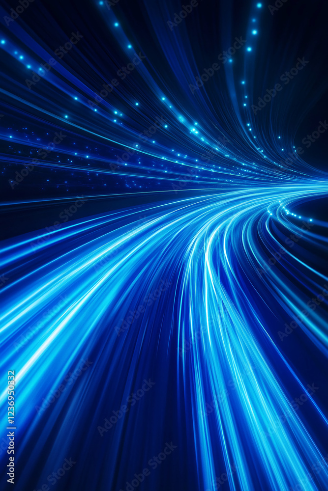 Obraz premium A bright and energetic blue light trail, symbolizing futuristic technology, fast movement, and digital energy, with glowing blue particles floating along the light stream.
