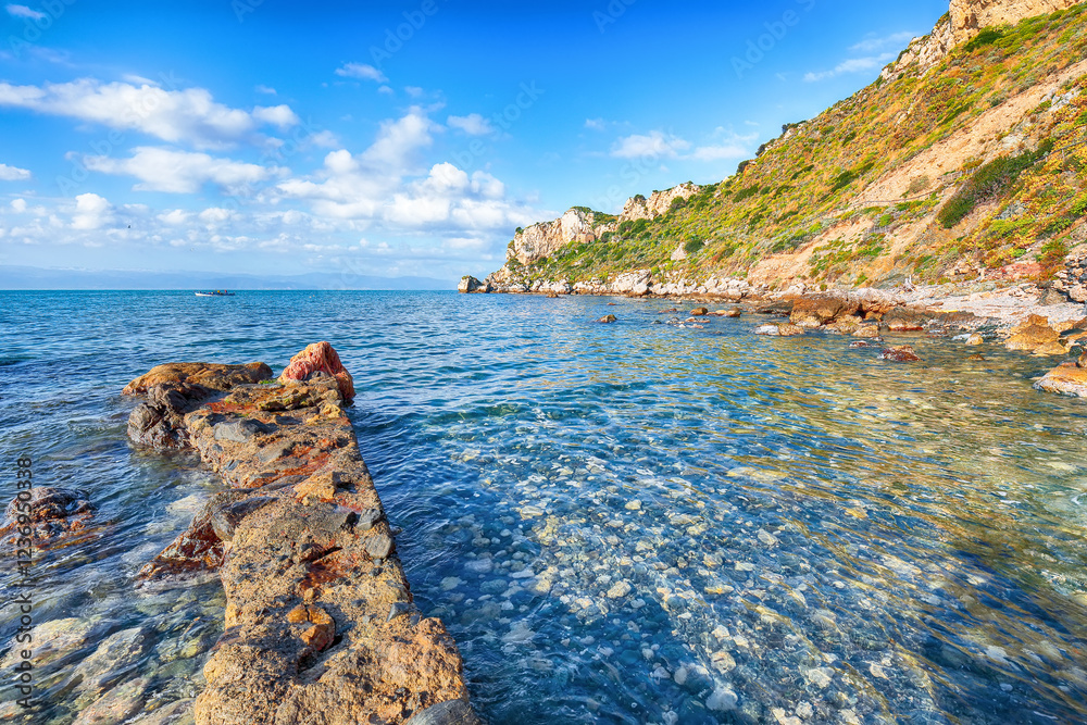Picturesque spring view on the the cape Milazzo panorama of nature reserve Piscina di Venere.