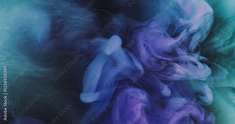 Fototapeta premium Ink water shot. Color smoke. Blur purple blue dust particles texture explosion vapor splash spreading abstract art background.