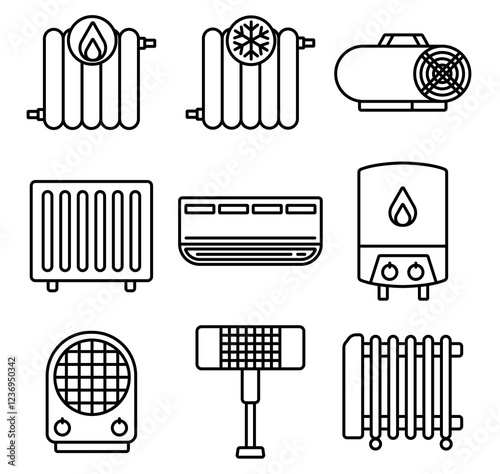 Heaters icons. Set of black and white linear heaters icons