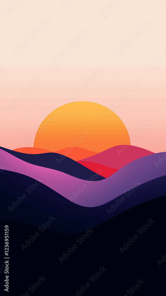 Vibrant abstract illustration of rolling hills with a gradient background and a vibrant sunrise Vibrant abstract illustration of rolling hills with a gradient background and a vibrant sunrise