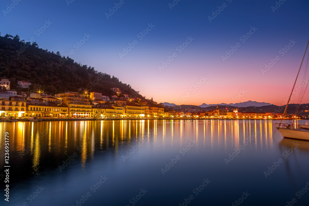 Late evening view of Gytheio town, right after sunset, in Lakonia region, southern Peloponnese, Greece.