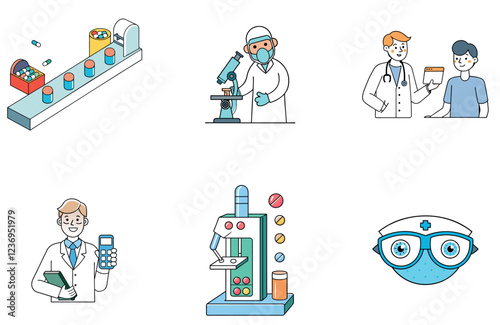 Automated Medicine Filling Machine Bundle. Production System Collection Icons