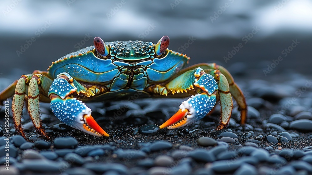 Vibrant blue crab on dark volcanic beach, ocean waves in background Vibrant blue crab on dark volcanic beach, ocean waves in background