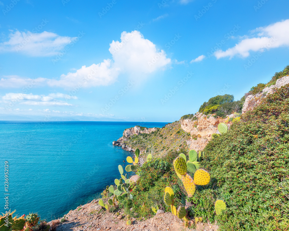 Picturesque spring view on the the cape Milazzo panorama of nature reserve Piscina di Venere.