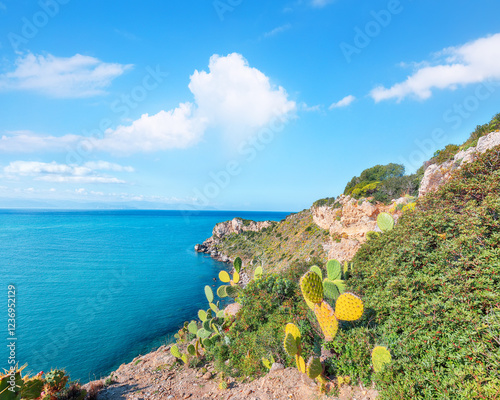 Obraz na płótnie Picturesque spring view on the the cape Milazzo panorama of nature reserve Piscina di Venere. w salonie
