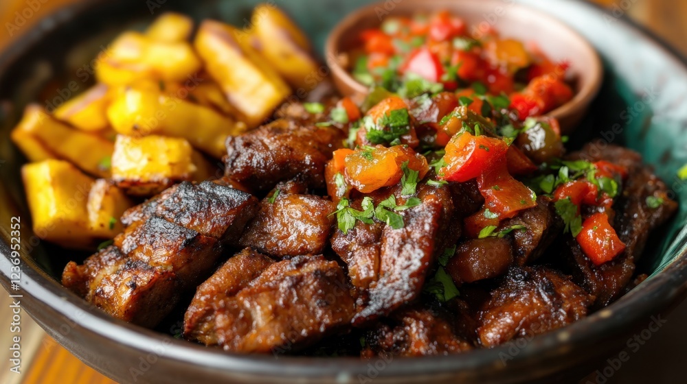 Delicious grilled meat with roasted potatoes and fresh tomato salsa garnish for culinary presentation Delicious grilled meat with roasted potatoes and fresh tomato salsa garnish for culinary presentation