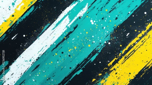 Abstract teal and yellow diagonal paint strokes with splattered dots on dark background
