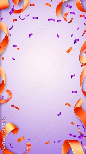 Delicate pastel ribbons, Colorful Confetti and Streamers Falling Against a Purple Background