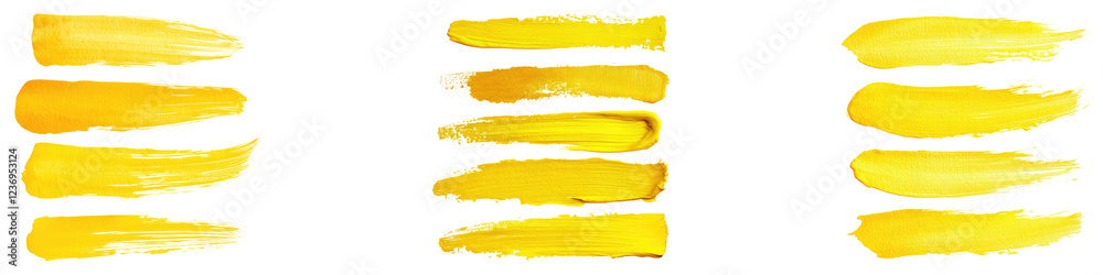 Yellow watercolor paints brush isolated on transparent background, PNG, Set of
