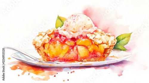 A juicy peach cobbler with a scoop of ice cream on top, painted in watercolor against a white backdrop.