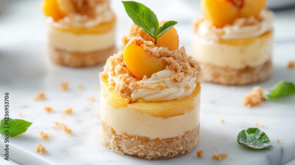 A sweet and fruity dessert made with peaches and topped with a crusty topping, served on a white marble background. A sweet and fruity dessert made with peaches and topped with a crusty topping, served on a white marble background.