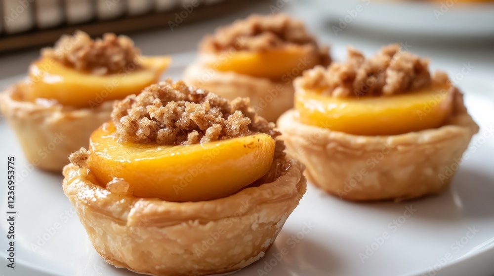 A sweet treat with peaches and a crispy crumb topping, served in a small pastry made in France. A sweet treat with peaches and a crispy crumb topping, served in a small pastry made in France.