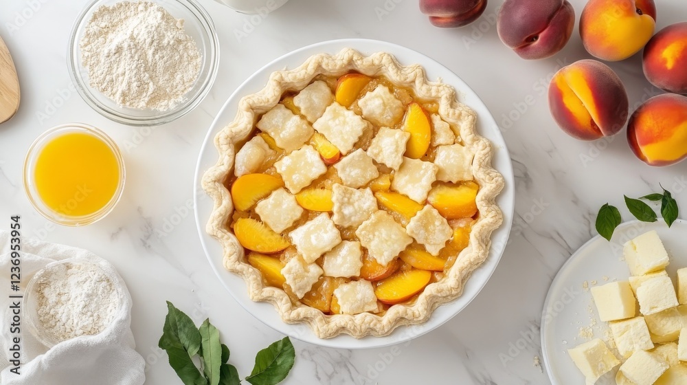 A white table is covered with a variety of ingredients needed to make a peach cobbler pie. A white table is covered with a variety of ingredients needed to make a peach cobbler pie.