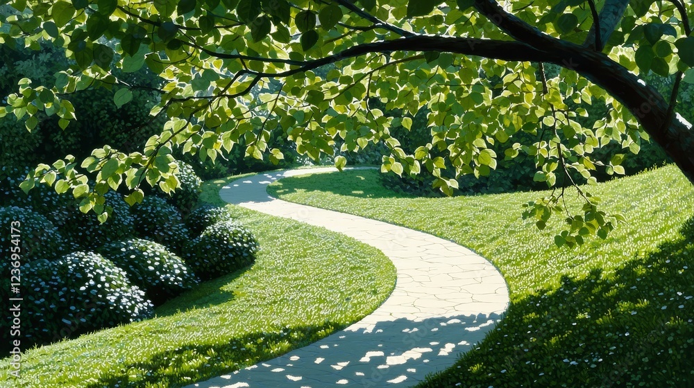 Fototapeta premium Serene Pathway Through Lush Greenery in Bright Sunny Park Scene